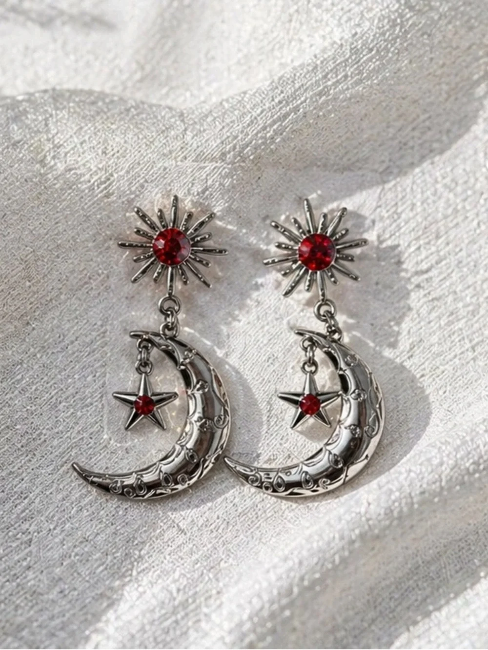Silver Crescent Moon & Star Drop Earrings with Red Gem Accents